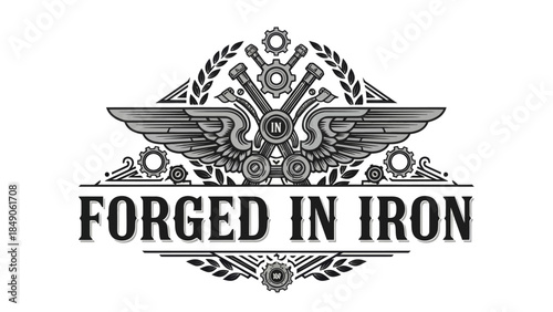 industrial emblem featuring gears wings and the phrase forged in iron