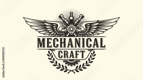 Vintage Mechanical Craft Emblem with Engine Components and Wings Design