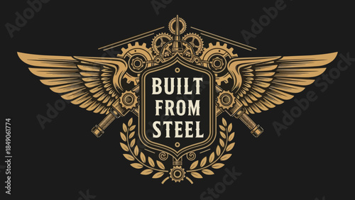 Industrial steampunk emblem featuring wings gears and mechanical design elements
