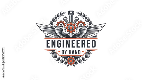 Innovative engineering emblem showcasing mechanical gears and winged design