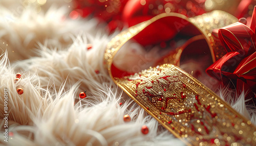 Golden Ribbon on a Luxurious Bed: A close-up showcases a golden ribbon artfully arranged upon a bed of soft fur, hinting at an atmosphere of opulence and luxury.