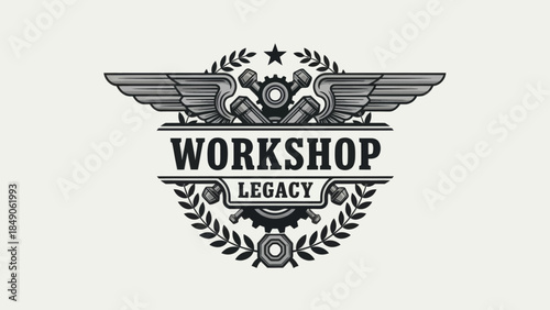Vintage Workshop Legacy emblem with wings and gear design for branding and