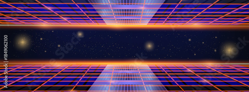 Abstract retro-futuristic background with neon orange grid, glowing horizon, and starry dark space. Perfect for 80s retrowave or sci-fi themes.