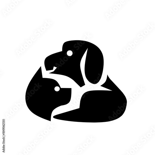Minimalist black silhouette featuring a dog, cat, and bird huddled together. A heartwarming design representing animal harmony, pet care, and universal friendship.