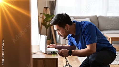 Man setting up a wireless router indoors connecting device for home internet connection