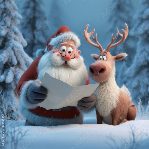 Santa Claus reading letter with reindeer