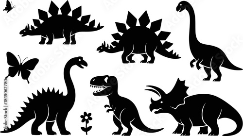 Collection of black dinosaur silhouettes featuring Tyrannosaurus Rex Triceratops Stegosaurus and Brachiosaurus with butterflies and flowers isolated on a white background
