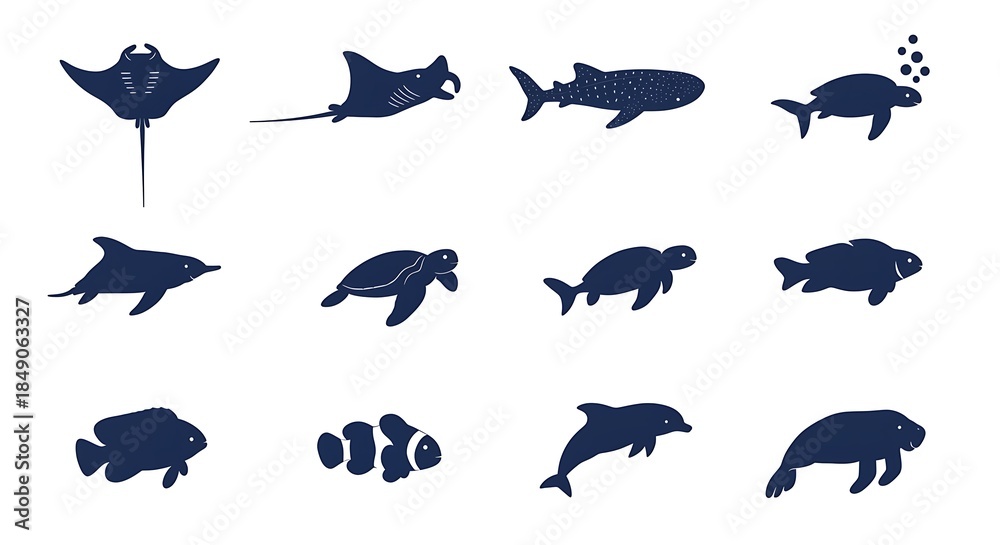 Fototapeta premium Collection of marine animals silhouetted against a white background