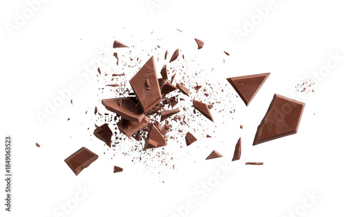 Chocolate explosion with triangular pieces isolated on a transparent background