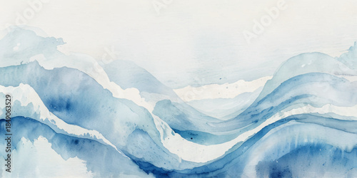 Blue watercolor abstract background featuring flowing paint waves, artistic texture, soft gradients, white center space and fluid artistic design