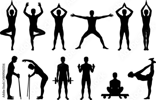 Collection of black silhouettes featuring people practicing yoga poses fitness exercises weightlifting and gym workouts isolated on a white background