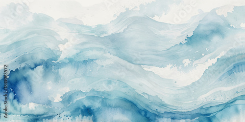 Blue watercolor abstract background featuring flowing paint waves, artistic texture, soft gradients, white center space and fluid artistic design