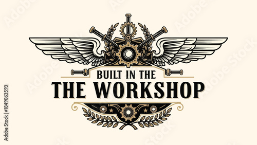 Industrial Mechanical Emblem with Wings and Gears Emphasizing Craftsmanship