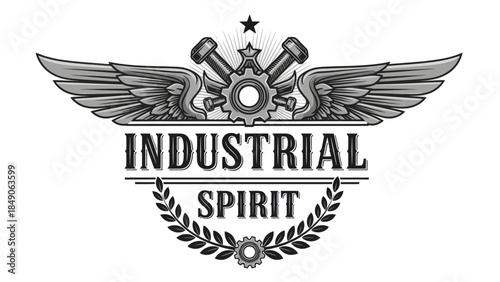 Vintage industrial emblem showcasing mechanical tools and wings emphasizing