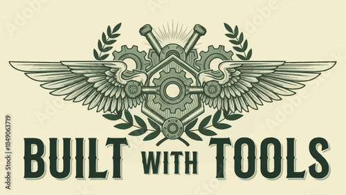 Industrial engineering emblem with gears and tools symbolizing craftsmanship