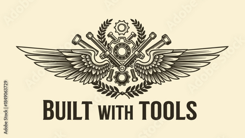 Artistic emblem with mechanical tools and wings representing craftsmanship and