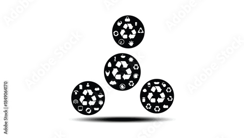 Circular icons with recycling symbols and various waste types arranged in a triangular formation