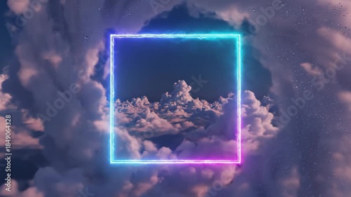 Glowing neon frame floating among fluffy white clouds