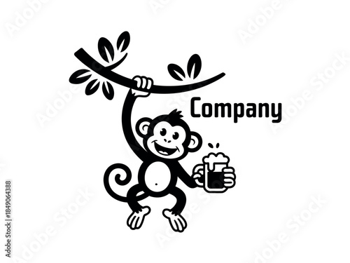 Cartoon monkey holding beer company logo with branch and leaves illustration