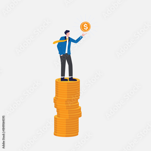 A man is holding a dollar bill on top of a stack of coins. Concept of wealth and success, as the man is standing on top of a pile of money. Scene is positive and uplifting