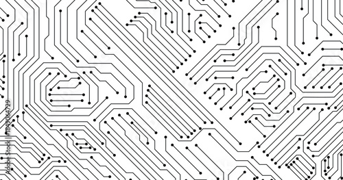 Circuit. Computer motherboard, microchip electronic technology. Hardware circuits board line  texture. High tech pc processor abstract background with lines and dots illustration.