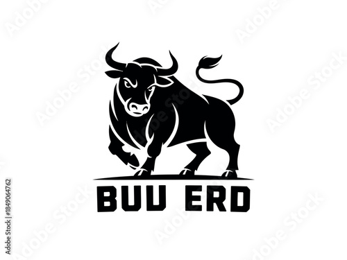 Black Bull Logo Design with Bold Text and Aggressive Animal Illustration Style