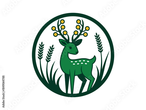 Green deer logo with yellow flowers and grass in a circular frame design element