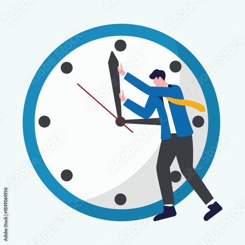 A man is trying to stop a clock from moving forward. Concept of time being precious and the importance of making the most of it. The man's actions suggest that he is trying to control time