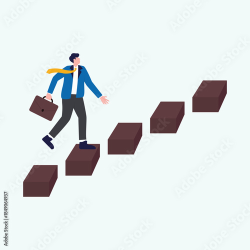 A man in a suit is walking up a set of stairs with a briefcase in his hand. Concept of progress and determination as the man moves up the steps towards his destination