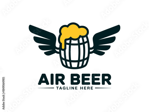 Air Beer Logo with Wings and Foamy Beer Barrel Icon Design Concept