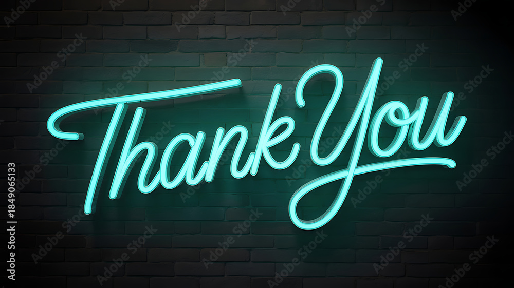 Obraz premium A vibrant blue neon sign displaying the message thank you in elegant script on a dark textured background