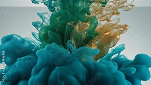 Dynamic blue and gold ink swirling in water