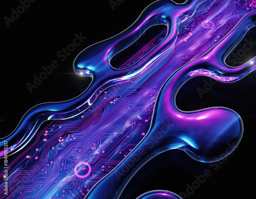 Abstract futuristic background with purple and neon blue digital fluid art. This mesmerizing liquid stream shows glowing circuit board pattern on dark backdrop