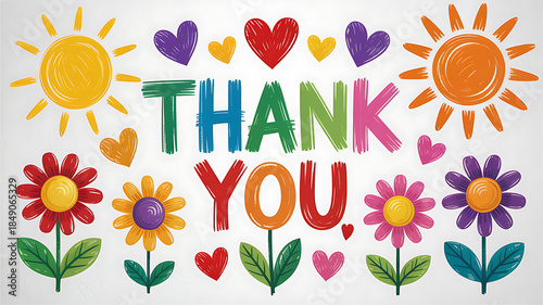 A vibrant and cheerful hand drawn illustration featuring the words thank you surrounded by colorful flowers hearts and suns