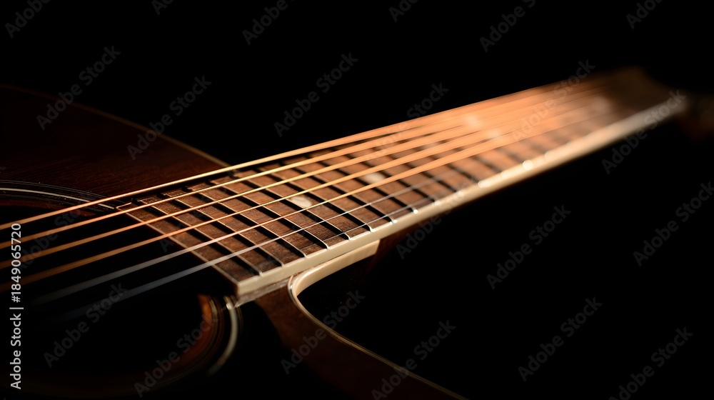 Fototapeta premium Close-up of Acoustic Guitar Fretboard with Strings Illuminated.