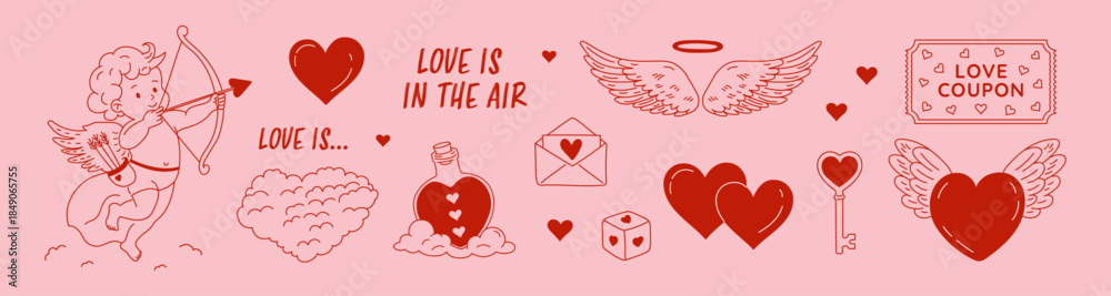 Naklejka premium Happy valentine day love set:cute cupid, wings,red heart symbols,winged heart,a creative concept design for web use, featuring playful romance elements in a hand-drawn doodle vector illustration style