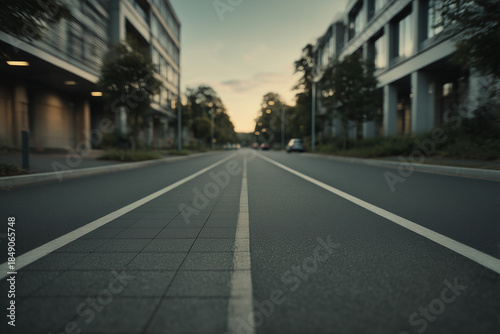 Road between buildings with a blurred view of vehicles on the street at sunset