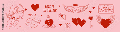 Happy valentine day love set:cute cupid, wings,red heart symbols,winged heart,a creative concept design for web use, featuring playful romance elements in a hand-drawn doodle vector illustration style