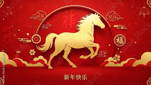 Chinese new year golden horse illustration with red background and ornate designs for lunar year celebration