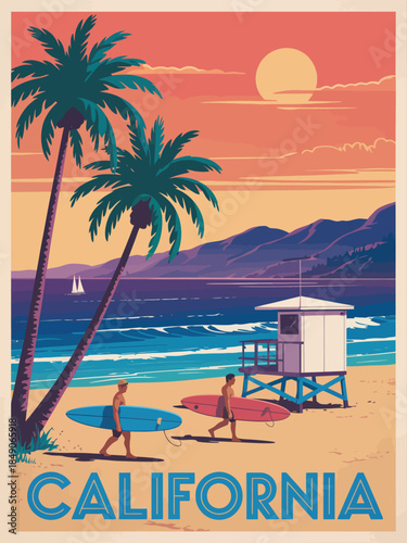 California beach lifeguard house retro poster vector for vintage coastal wall art, featuring surf culture vibes, ocean scenery, and classic seaside atmosphere