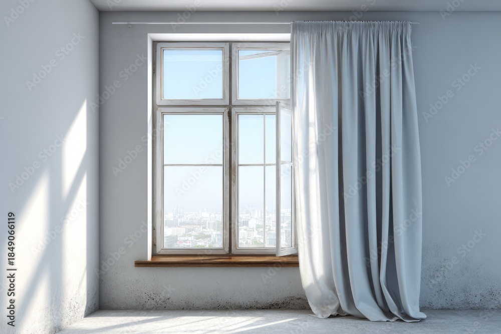 Fototapeta premium Interior room featuring a large multi-pane window with light curtains and exterior cityscape view