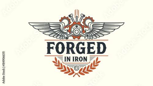 Industrial Style Emblem Featuring Gears Wings and Mechanical Elements