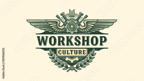 Retro-inspired emblem emphasizing workshop culture and mechanical craftsmanship