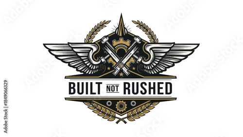 Bold emblem showcasing craftsmanship and resilience with inspiring message