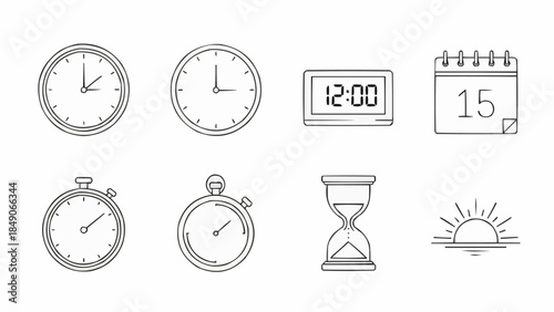 Collection of Timekeeping Devices and Symbols of Time Passing.