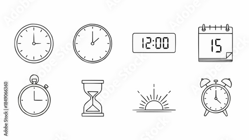 Collection of timekeeping devices and symbols for measuring time.