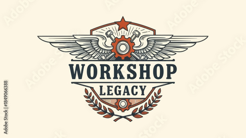 Vintage Workshop Legacy Emblem Featuring Wings and Gears Design