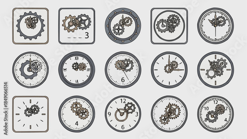Collection of Steampunk Clock Faces with Visible Gears and Mechanisms.