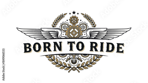 Vintage motorcycle-inspired emblem with gears and laurel wreath motifs for