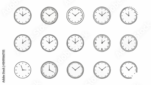 Collection of fifteen different clock faces showing various times.